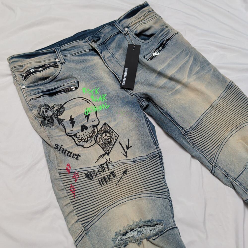 Rockstar Original Snow Printed Biker Jeans Men 38 Green Skull NWT